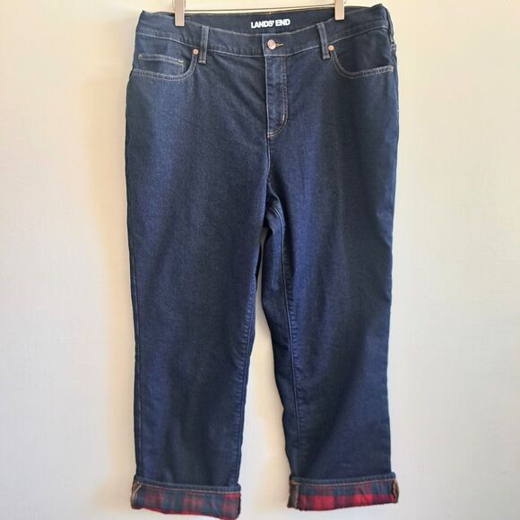 Lands End Woman’s 18 18W Dark Wash Flannel Lined Denim Blue Jeans Straight Leg - Picture 1 of 12